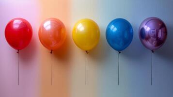 ai generiert Reihe von Luftballons und Luftschlangen auf Mauer foto