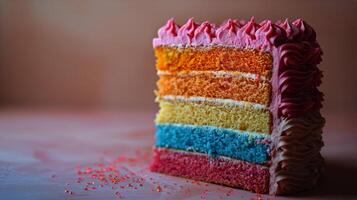 ai generiert Scheibe von Regenbogen Kuchen mit Glasur und Sträusel foto