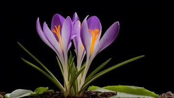 ai generiert Bild violett Krokus Frühling Blume isoliert auf schwarz Hintergrund, auffällig Bild foto