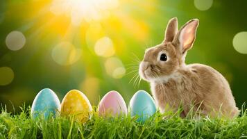 ai generiert Bild einer Bildagentur sonnig Ostern Hintergrund mit Hase, Eier, Blumen, Gras, und Bokeh foto