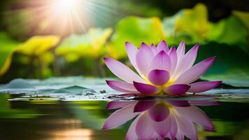 ai generiert schön lila Lotus Blume mit Sonne Fackel Über immer noch Wasser foto