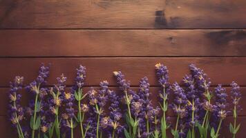 ai generiert hölzern Hintergrund fronted durch Lavendel Blumen strahlt aus rustikal Charme foto