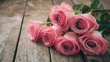 ai generiert Bild Valentinsgrüße Tag Hintergrund mit Rosa Rosen Über hölzern Tabelle foto