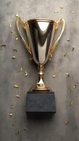 ai generiert Gewinner Gold Trophäe Tasse auf Beton Stein grau Hintergrund, oben Aussicht Vertikale Handy, Mobiltelefon Hintergrund foto