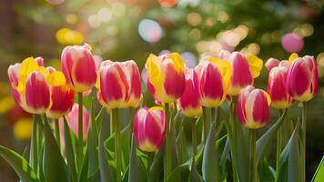 ai generiert hell Frühling Tulpen erstellen Blumen- Hintergrund mit fesselnd Bokeh foto