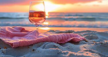 ai generiert Glas von Wein auf sandig Strand foto