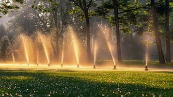 ai generiert Wasser spucken aus von Teich beim Sonnenuntergang foto