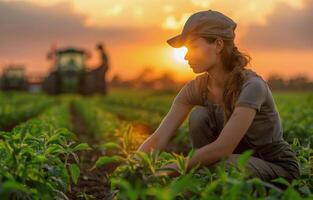 ai generiert Frau kniend im Feld mit Traktor im Hintergrund foto