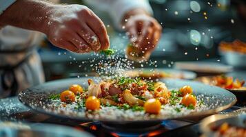 ai generiert Person Prise Würze auf Teller von Essen foto