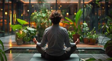 ai generiert Mann Sitzung im Lotus Position im Vorderseite von Gebäude foto