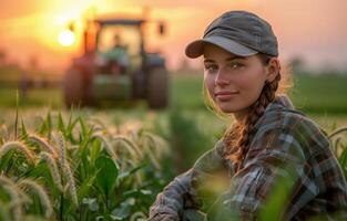 ai generiert Frau Stehen im Feld mit Traktor im Hintergrund foto