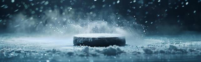 ai generiert Eishockey Puck schließen oben im Regen foto