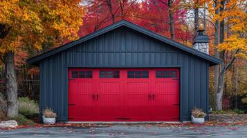 ai generiert rot Garage Tür im Vorderseite von ein schwarz Haus foto