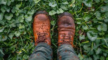 ai generiert Personen Stiefel schließen oben im Gras foto