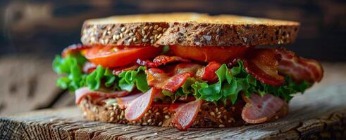 ai generiert Speck Grüner Salat Tomate Sandwich auf hölzern Tafel foto