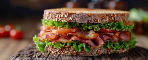 ai generiert Speck und Grüner Salat Sandwich auf hölzern Tabelle foto