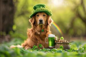 ai generiert feierlich Hund im st. Patrick's Tag Outfit mit Bier und Topf von Gold foto