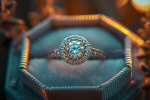 ai generiert elegant Diamant Engagement Ring im Box foto