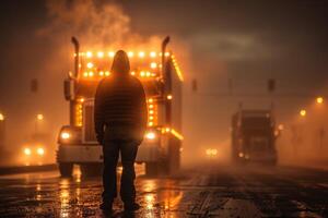 ai generiert Person steht Vor ein beleuchtet LKW auf ein nebelig städtisch Straße beim Nacht foto