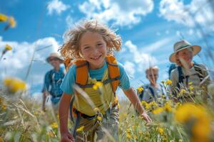 ai generiert glücklich Kind führen Familie Wanderung durch Blühen Wiese auf ein sonnig Tag foto