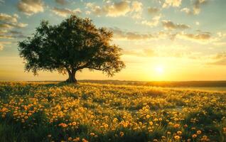 ai generiert golden Stunde Ruhe im ein beschwingt Wildblume Wiese foto