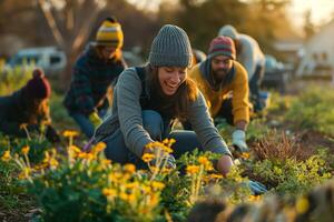 ai generiert froh Gemeinschaft Gartenarbeit beim Sonnenuntergang foto