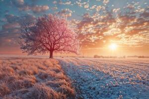 ai generiert surreal Winter Sonnenaufgang mit blühen Baum foto
