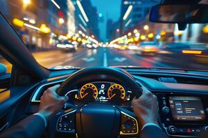 ai generiert pov Schuss von Hände auf Lenkung Rad Fahren Nieder städtisch Straße beim Nacht foto