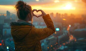 ai generiert Frau Herstellung ein Herz gestalten mit Hände mit Blick auf ein beschwingt Stadtbild beim Sonnenuntergang foto