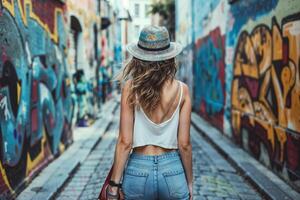 ai generiert jung Frau Spaziergänge durch ein Gasse dekoriert mit beschwingt Graffiti Kunst foto