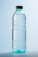 ai generiert Plastik Flasche mit klar rein Mineral Wasser isoliert auf Blau Hintergrund, Studio Licht foto