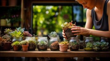 ai generiert ein heiter Oase wo weiblich Hände, geschmückt mit Garten Boden, liebevoll Pflege zum ein Vielfalt von Sukkulenten eingebettet im rustikal , Gartenarbeit Werkzeuge und erdig Terrakotta Töpfe foto