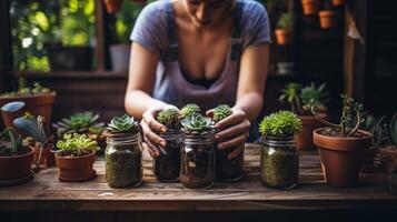 ai generiert weiblich Hände geschmückt mit Garten Boden, sanft Pflege ein Vielfalt von Sukkulenten eingebettet im rustikal, umfunktioniert Mason Gläser foto