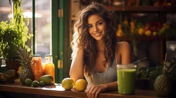 ai generiert ein strahlend jung Frau mit ein ansteckend Lächeln halten ein beschwingt Grün Smoothie, sitzend beim ein rustikal hölzern Tabelle im ein sonnendurchflutet Cafe foto