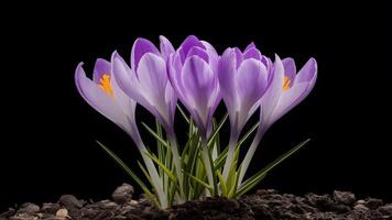 ai generiert Bild violett Krokus Frühling Blume isoliert auf schwarz Hintergrund, auffällig Bild foto