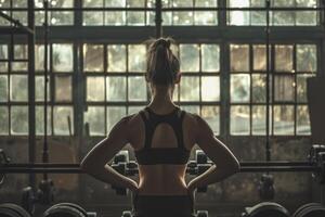 ai generiert Frau auf ihr zurück im Powerlifting Ausbildung. generativ ai foto