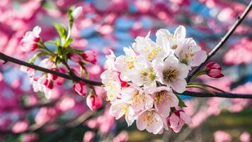 ai generiert Bild flach Tiefe Sakura Blume Kirsche blühen Gruß Karte Hintergrund foto