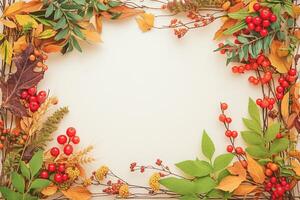 ai generiert fallen Stimmung Herbst Blumen- eben legen mit Viburnum Beeren Rahmen foto