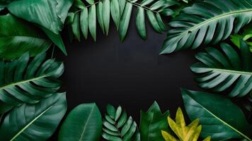 ai generiert tropisch Blätter Laub Urwald Pflanze Busch gegen schwarz Hintergrund, gerahmt foto