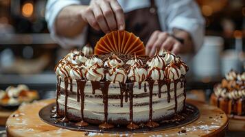 ai generiert Weiß Kuchen mit Koch Hand Hintergrund foto