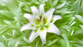 ai generiert Gegenstand Weiß Hintergrund mit Licht Grün Blumen- abstrakt, Lilie Blume Blütenblätter foto