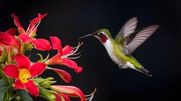 ai generiert Erfassung dunkel Hintergrund mit Rubin Kehle Kolibri im Flug in der Nähe von Blume foto