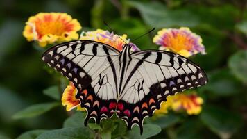 ai generiert Geometrie Blume Schmetterling fasziniert durch bunt Muster auf Lantana foto