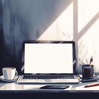 ai generiert Produktivität Szene Schreibtisch mit Laptop, leer Bildschirm, Kaffee, und Schreibwaren zum Sozial Medien Post Größe foto
