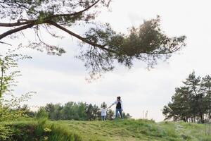 glücklich jung Mutter ist spielen mit ihr Baby im ein Park auf ein Grün Rasen. Glück und Harmonie von Familie Leben. großartig Familie Urlaub. gut Wochenende. Mütter Tag. Urlaub. das Konzept von ein glücklich Familie foto