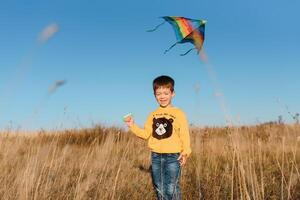 glücklich Kind spielen mit ein Drachen während Laufen auf Wiese, Sonnenuntergang, im Sommer- Tag. komisch Zeit mit Familie. wenig Junge starten ein Drachen. foto