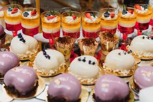 Nachspeisen mit Früchte, Mousse, Kekse. anders Typen von Süss Gebäck, klein bunt Süss Kuchen, Makronen, und andere Nachspeisen im das Süss Büfett. Süßigkeiten Bar zum Geburtstag foto