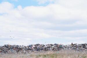 Berg Müll, groß Müll Haufen, degradiert Müll. Stapel von stinken und giftig Rückstand. diese Müll Kommen Sie von städtisch Bereiche, industriell Bereiche. Verbraucher Gesellschaft Ursache fest Abfall. können nicht erhalten loswerden von foto