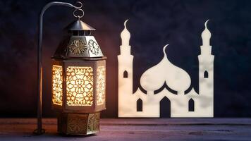 ai generiert islamisch Laterne scheint mit Moschee verwischen, symbolisieren eid Feierlichkeiten foto