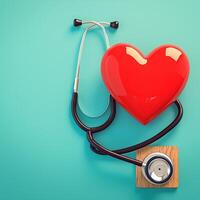 ai generiert Gesundheit Pflege Konzept mit Stethoskop und rot Herz auf Blau zum Sozial Medien Post Größe foto